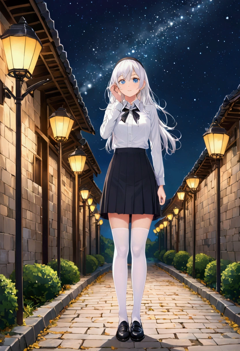 1girl, white hair, black hairband, tall, mature, full body, (very detailed eyes, beautiful eyes, symmetrical eyes, crystal-clear pupils), very detailed fingers, very detailed hands, fixing hair with left hand, placing right hand on the skirt, uniform, black miniskirt, white stockings, black Oxford shoes,standing in the park, road lamps along the stone alley, stary night sky, character's whole body view