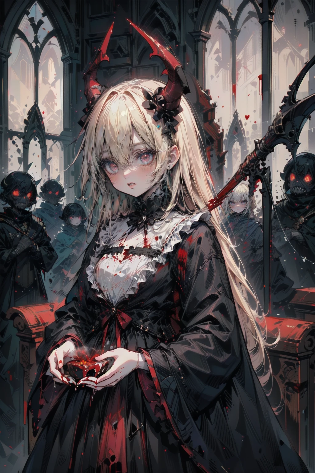 beautiful girl、Moe、cute、とてもcute服、繊細なPink Tata Dress、.(Highest quality,4K,High resolution,masterpiece:1.2),Very detailed,Realistic:1.37,Spooky altar background,Dark fantasy,Red color scheme,Ominous atmosphere,Eye-catching,Storytelling,anatomy,Anime Style,Concept Art,beautiful細部までこだわった顔と (((Red eyes ))),A terrifying ritual ,Satanic Ritual,Premature death,inappropriate behavior,クレイジーなsmile,Scythe Face,Girl Monster, beautiful, Delicate facial features, Sharp Eye, Sharp Fangs, pale skin, Thick chain, Dark Background, Cinema Lighting, Dramatic Shadows, Gothic style, Gloomy atmosphere, Dark fantasy, one person&#39;s, Please open your mouth wide, Open your mouth and baring your teeth,Sharp teeth like a beast, Wide lips, very wide mouth, Vermilion cheeks, ,(Blood splatter:1.4),Scary smile, smile,Angel Design, Twisted smile、Bloody、bleeding from the head,,,,,、Blood splatter、,(Blood splatter:1.4),skull,Horrorスタイル, ((Fantasy Sweet Ta Frill Pink Costume)), ((Flowing blonde hair)), ,(Blood splatter:1.4),Female curves, Sexy flat stomach, Perfect hands, Perfect anime face, (Pink Tata Dress)), Are standing, ((邪悪なsmile)), ,(Blood splatter:1.4), Steam circulates, Moonlight Illumination, night lighting, (Blood splatter:1.6),アニメAngel Design, Twisted smile、Bloody、bleeding from the head,,,,,、Blood splatter、,(Blood splatter:1.4), skull,Gothic architecture、Western architecture、Fantasy World、,Victorian cities, Skeleton Gas Light,Absurd, High resolution、 ((Tabletop)), ((Highest quality)), (Very detailedな), ((Very detailed)), (beautiful), ((cute)), (NFSW:1.8), alone,(10 years old:1.6)、(world&#39;The most terrifying and creepy demon :1.5)beautiful face、Whole Body Ezbian、pale, beautiful肌、beautiful金の髪、Smiling Kindly、Dark building ruins、(snow white&#39;Frill dress:1.3)、(The dark ruins are stained with blood:1.3)、Low angle full body shot、(少女は血の海の中にAre standing:1.5)、(The ground is full of blood:1.3)、(The lost a lot of blood...:1.3)、(クレイジーなsmile:1.6)、Spirits、(Blood dripping from the mouth:1.3)、Neo-goth style, Wearing a black dress and a white collar, Wearing a black hat、wearing heavy makeup, Standing in a mystical garden surrounded by vines. The garden is full of deep purple flowers.、背景のGothic architecture。. &#39;The hair is golden、、A red rose is pinned to the side。. Her eyes are sharp、It&#39;Like being stabbed., Thick black eyeliner and long lashes. 彼女は顔色がpale.、Her lips are bright red.. The atmosphere is gloomy and eerie, with dim lighting casting long shadows. This piece combines digital illustration and photography..., outcome、驚くほどHigh resolutionの画像が生まれました. Most of the colors are dark、I&#39;Calm, Deep reds and purples create a dark beauty.. The style is neo-Gothic., Horror, Portrait Photography, Create unique and compelling visual experiences.Dark Imagery
