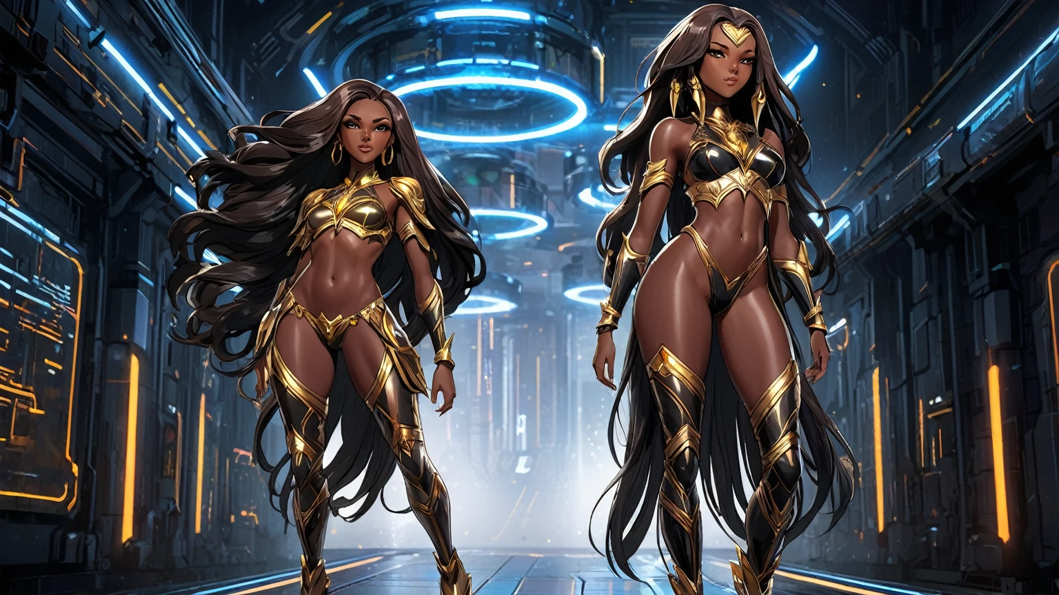 An image of a video game splash screen, First Descendant style, full body portrait of a ((dark-skinned beautiful African woman: 1.7)) with very long black hair, strong body, thick anime body, wearing black gold and hot pink translucent armor, concept art, full body, (masterpiece:1.2), (best quality:1.3), 4K, ultra HD |, ((master part))), (((best quality))), ((ultra detail)),(Highly detailed CG illustration), Cinematic light, camera: Choose an angle that highlights the beauty of the character. resolution: Aim for a high-resolution artwork to showcase intricate details and clarity