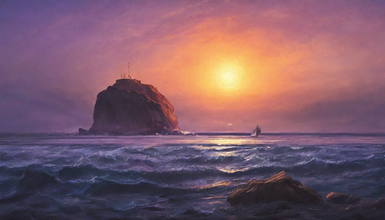 (best quality, masterpiece:1.2), A beautiful sunset over an ocean, golden, pink and purple hues, exquisite, painterly, realistic painting, light painting, beautiful, breathtaking
