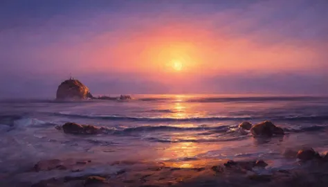 (best quality, masterpiece:1.2), a beautiful sunset over an ocean, golden, pink and purple hues, exquisite, painterly, realistic...