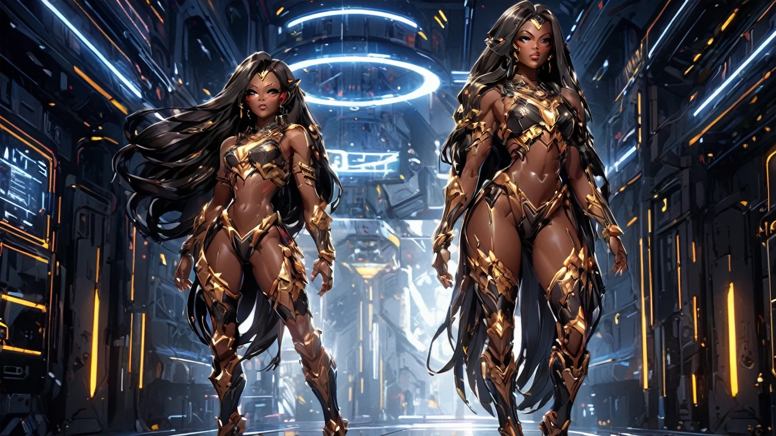 An image of a video game splash screen, First Descendant style, full body portrait of a ((dark-skinned beautiful African woman: 1.7)) with very long black hair, strong body, thick anime body, wearing black gold and hot pink translucent cyber armor, concept art, full body, (masterpiece:1.2), (best quality:1.3), 4K, ultra HD |, ((master part))), (((best quality))), ((ultra detail)),(Highly detailed CG illustration), Cinematic light, camera: Choose an angle that highlights the beauty of the character. resolution: Aim for a high-resolution artwork to showcase intricate details and clarity