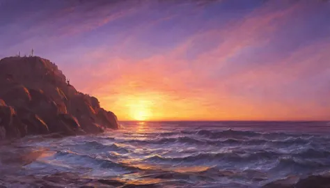 (best quality, masterpiece:1.2), a beautiful sunset over an ocean, golden, pink and purple hues, exquisite, painterly, realistic...