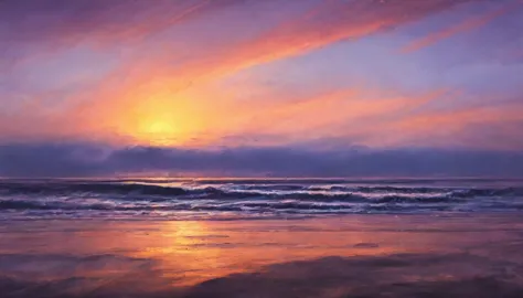 (best quality, masterpiece:1.2), a beautiful sunset over an ocean, golden, pink and purple hues, exquisite, painterly, realistic...