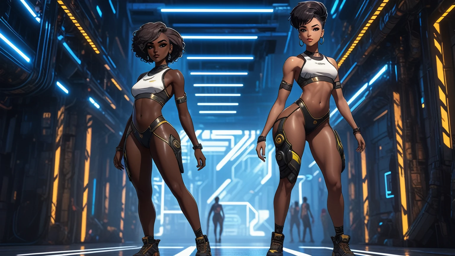 (((Full body: 1.5))), ((dark-skinned beautiful African woman: 1.7)) with short black hair, strong body, thick athletic body, cyberpunk background, Realistic, top quality picture, 4K, ultra HD |, ((master part))), (((best quality))), ((ultra detail)),(Highly detailed CG illustration), Cinematic light, camera: Choose an angle that highlights the beauty of the character. resolution: Aim for a high-resolution artwork to showcase intricate details and clarity