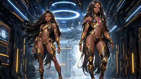 an image of a video game splash screen, first descendant style, full body portrait of a ((dark-skinned beautiful african woman: ...