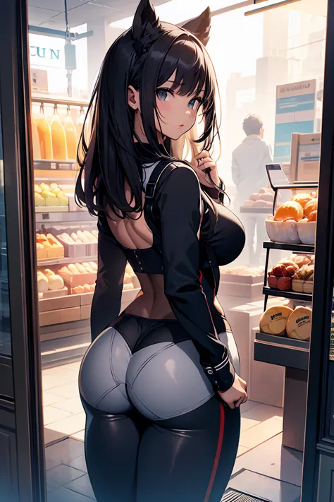 highest quality, super detailed, (ultra-high resolution,8k),cute outfit, (ass focus, from the back, look back), butt in the shop...