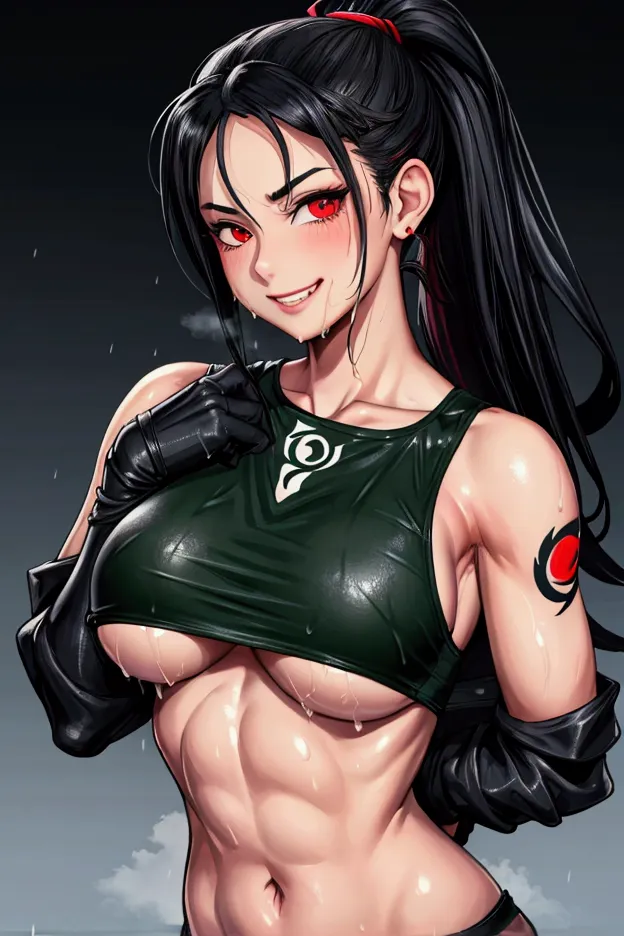 (masterpiece, official art), 1girl, black hair, red eyes, akali, ponytail, (underboob), crop top, ninja, tattoo, (wet), (upper b...