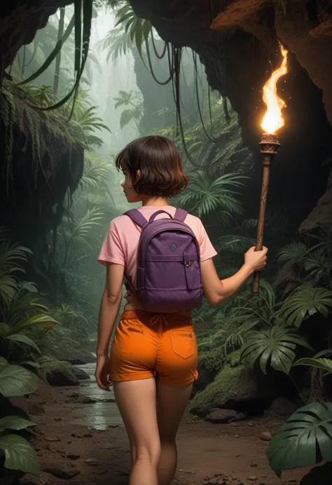 15 year old latino girl in the jungle, brunette, short hair, pink t-shirt, orange shorts, purple backpack, walking through the j...