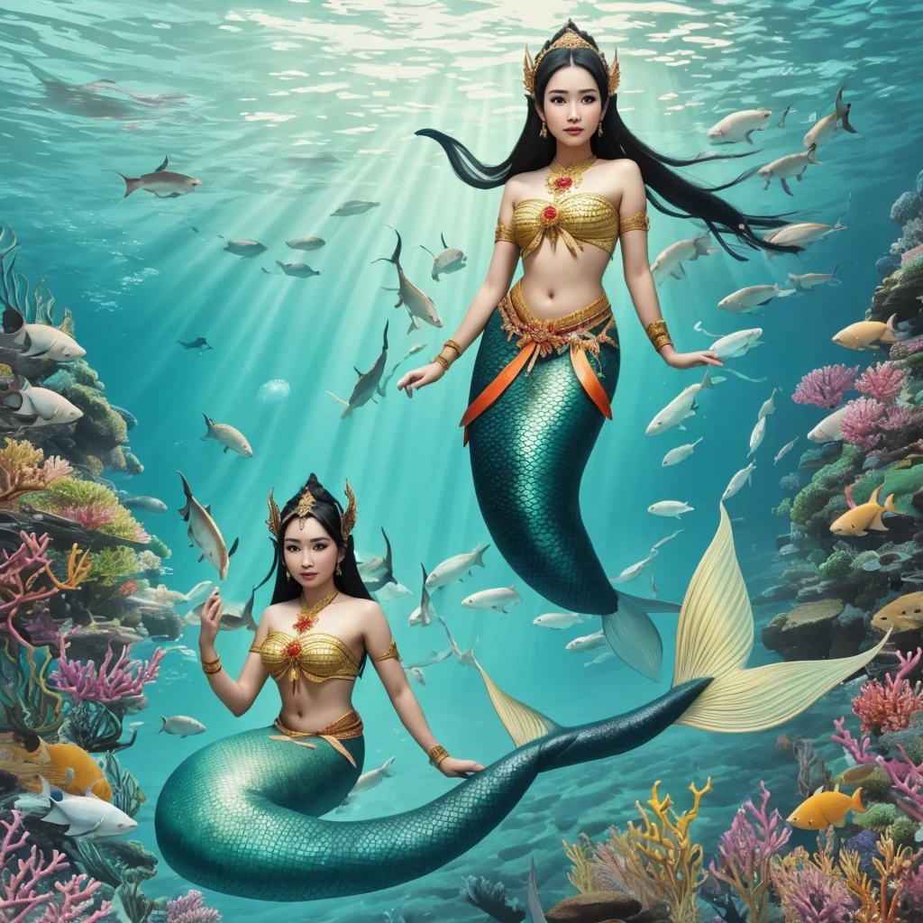 a beautiful Thai female mermaid, black hair, wearing Thai ancient traditional cloth on upper body, upper body is human, lower body is shining turquoise fish tail, swimming in the sea,  no headdress, coral, attacked by giant shark, view from above the sea,