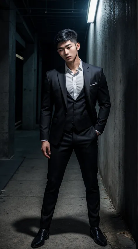 full body photo of a young korean man, 20 years old, light skin, black hair, muscular, inspired by the actor lee jun-ho, he is j...