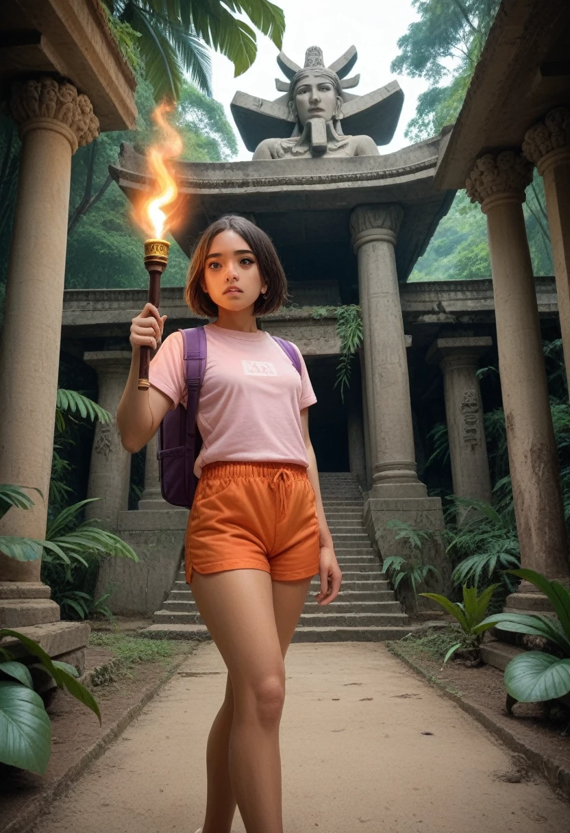 15 year old latino girl in a maya temple in jungle, brunette, short hair, pink t-shirt, orange shorts, purple backpack, walking through the jungle, sweaty, small breasts, small ass, short girl, going through an ancient temple, holding a torch, maya statues in temple, statues of curvy woman