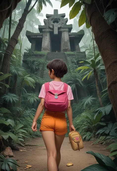 15 year old latino girl in a dark maya temple in jungle, holding a huge pink stone, brunette, short hair, pink t-shirt, orange s...