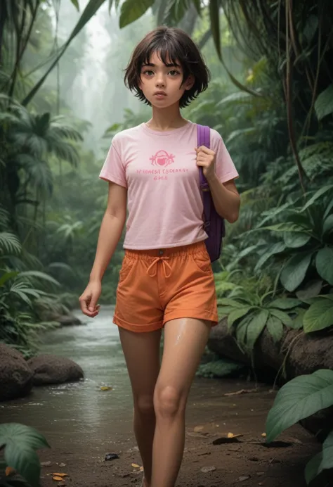 15 year old latino girl holding a huge pink stone in the jungle, brunette, short hair, pink t-shirt, orange shorts, purple backp...