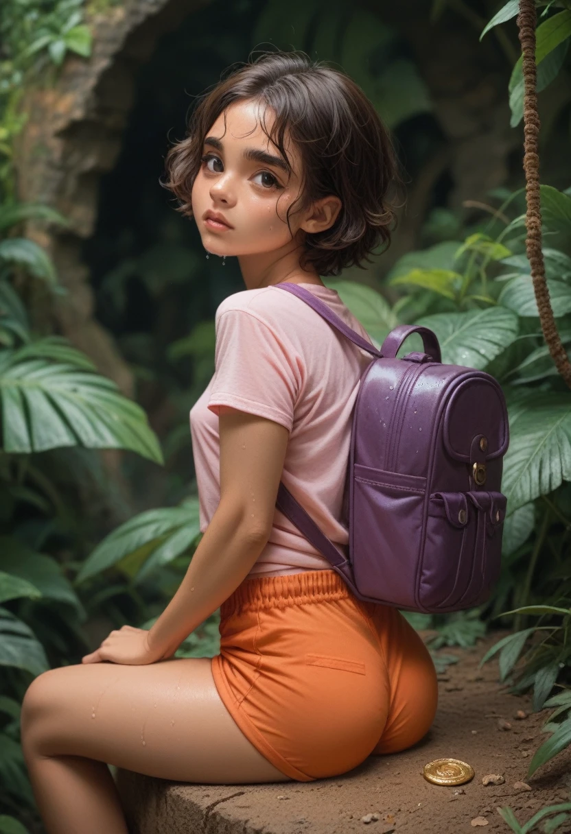 15 year old latino girl in jungle, brunette, short hair, pink t-shirt, orange shorts, purple backpack, sweaty, small breasts, small ass, short girl, sitting in front of treasure, holding a pink shining stone