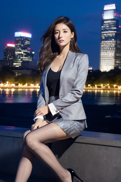 ((Highest quality、Ultra-high resolution、masterpiece))、(Full Body Portrait)、Grey blazer、(Business Blouse)、(Grey long skirt:1.3)、(silk pantyhose)、(Sitting with legs together、Her high heels and legs look beautiful)、1 girl、(Perfect Anatomy, Perfect body, Perfect hands, Perfect Face, Perfect Eyes, Accurate, Anatomically correct), Perfectly clear and sharp focus, ((Highest quality、Ultra-high resolution, masterpiece, Ultra-realistic))、Mid-chest、Modern architecture at night on the background、Professional Lighting
