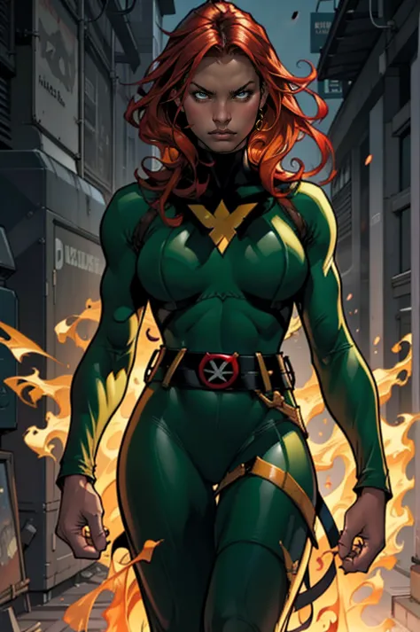 jeangrey,x-men,pheonixcostume,superhero,vibrantcolors,fierceexpression,detailedeyes,longredhair,burningflames,telekinesis,emotio...