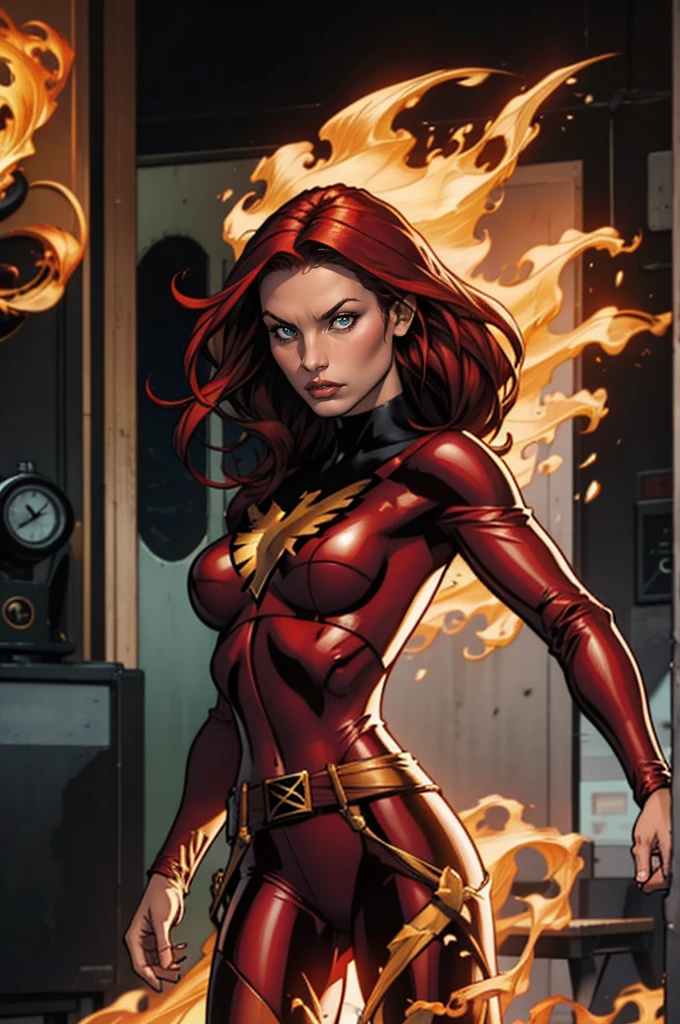 Phoenix Jean Grey red costume , on fire front pose 