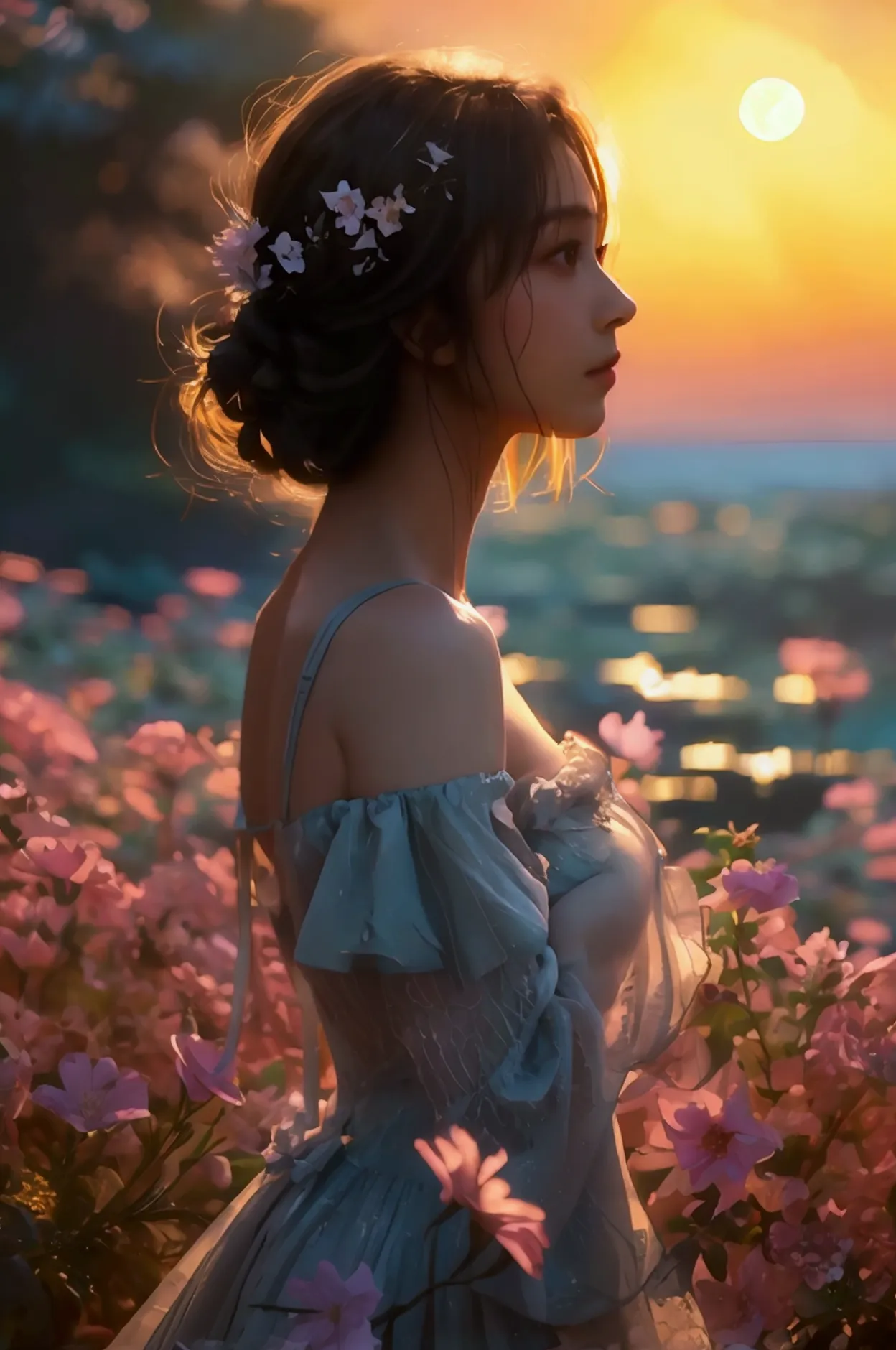 medium breast, off shoulder, a girl standing against a background of moonlight and a sea of flowers，more elegant and dusty，a per...