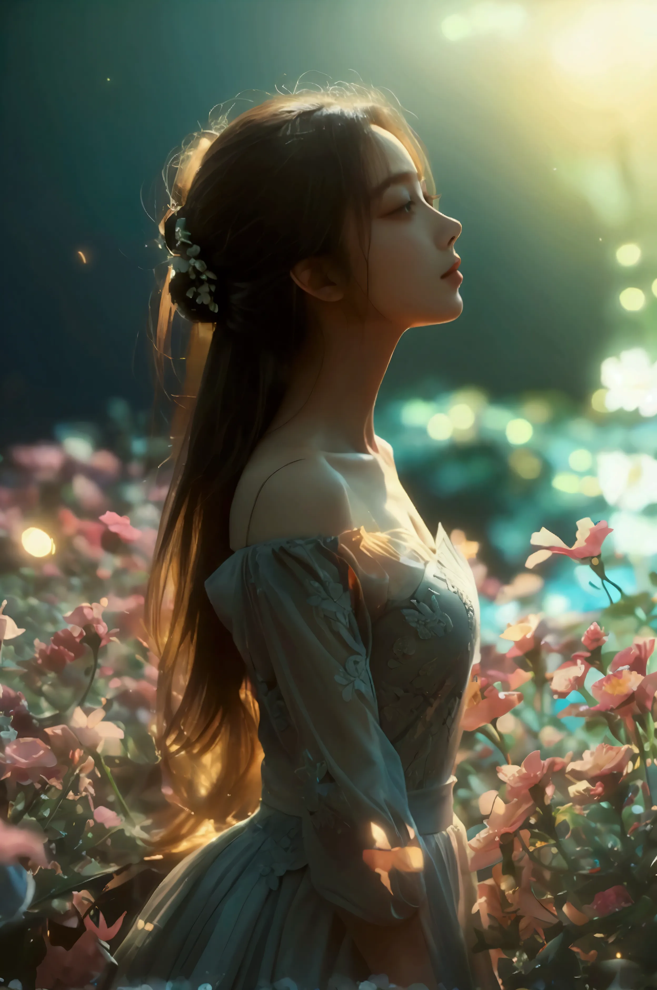 medium breast, off shoulder, a girl standing against a background of moonlight and a sea of flowers，more elegant and dusty，a per...