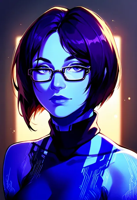 score_9, score_8_up, score_7_up  1girl, solo, cortana, turtleneck sweater, glasses, portrait, depth of field, backlighting,