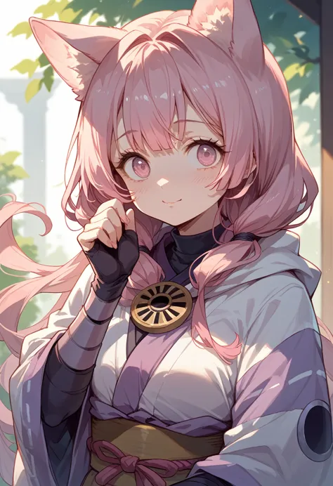 kimtsu yaiba demon slayer mitsuri,girl,hair pink long,eyes pink,big breats,cute clothe pink,pink ears wolf,tali wolf,