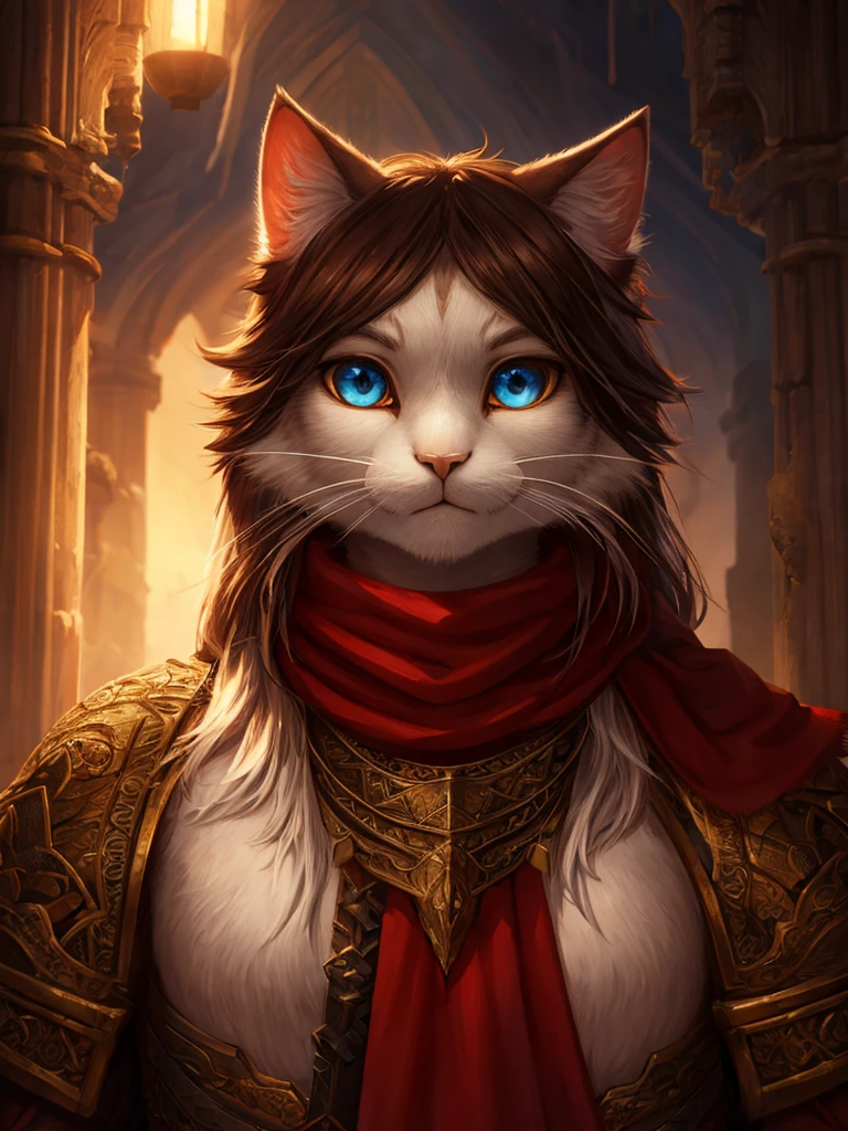 a white humanoid cat with red scarf,detailed facial features,expressive eyes,beautiful detailed face,detailed whiskers,RPG fantasy world,epic fantasy style,dramatic lighting,cinematic composition,intricate details,masterpiece,8k,high quality,photorealistic,vibrant colors,dramatic lighting,fantasy art