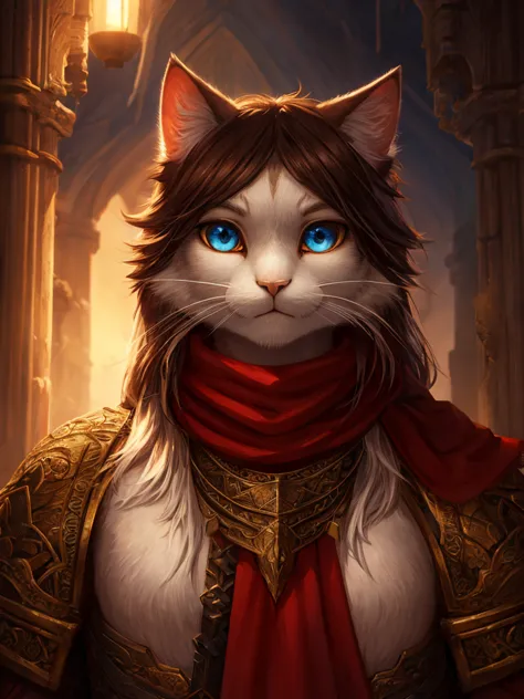 a white humanoid cat with red scarf,detailed facial features,expressive eyes,beautiful detailed face,detailed whiskers,rpg fanta...