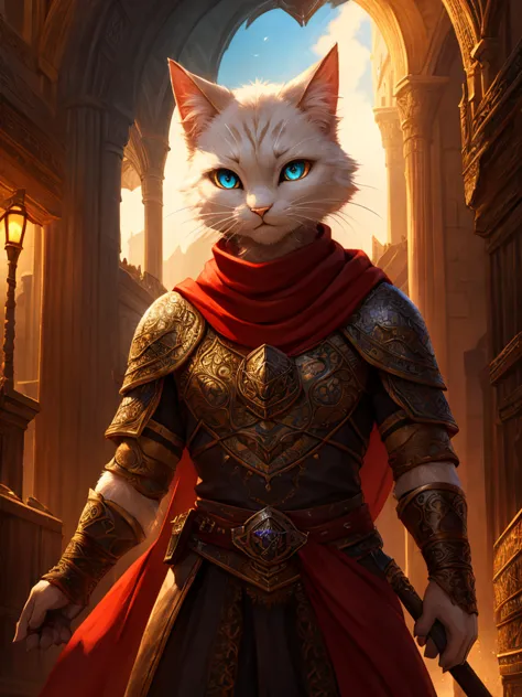 a white humanoid cat with red scarf,detailed facial features,expressive eyes,beautiful detailed face,detailed whiskers,rpg fanta...