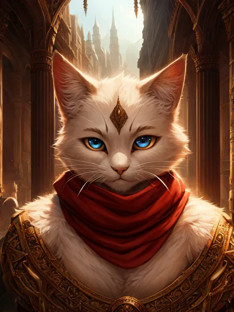 a white humanoid cat with red scarf,detailed facial features,expressive eyes,beautiful detailed face,detailed whiskers,rpg fanta...