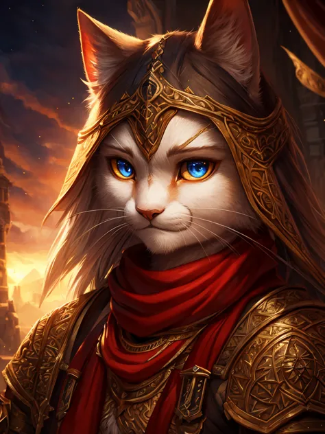 a white humanoid cat with red scarf,detailed facial features,expressive eyes,beautiful detailed face,detailed whiskers,rpg fanta...