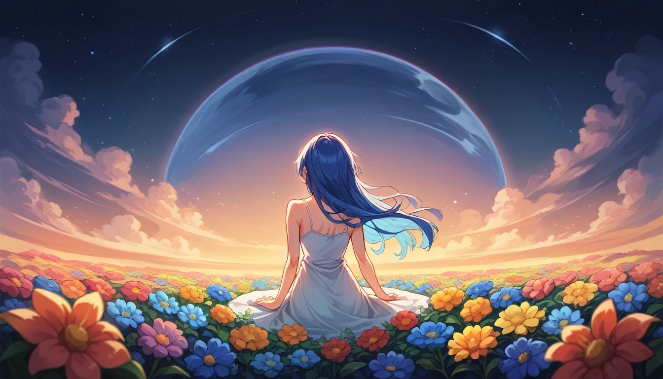 １people々々々々々々々々々々々々々々々,Blue long-haired woman， White camisole，silhouette， Rear View，Space Sky, Flower Field，Colorful flowers, night sky, semi-realistic artstyle