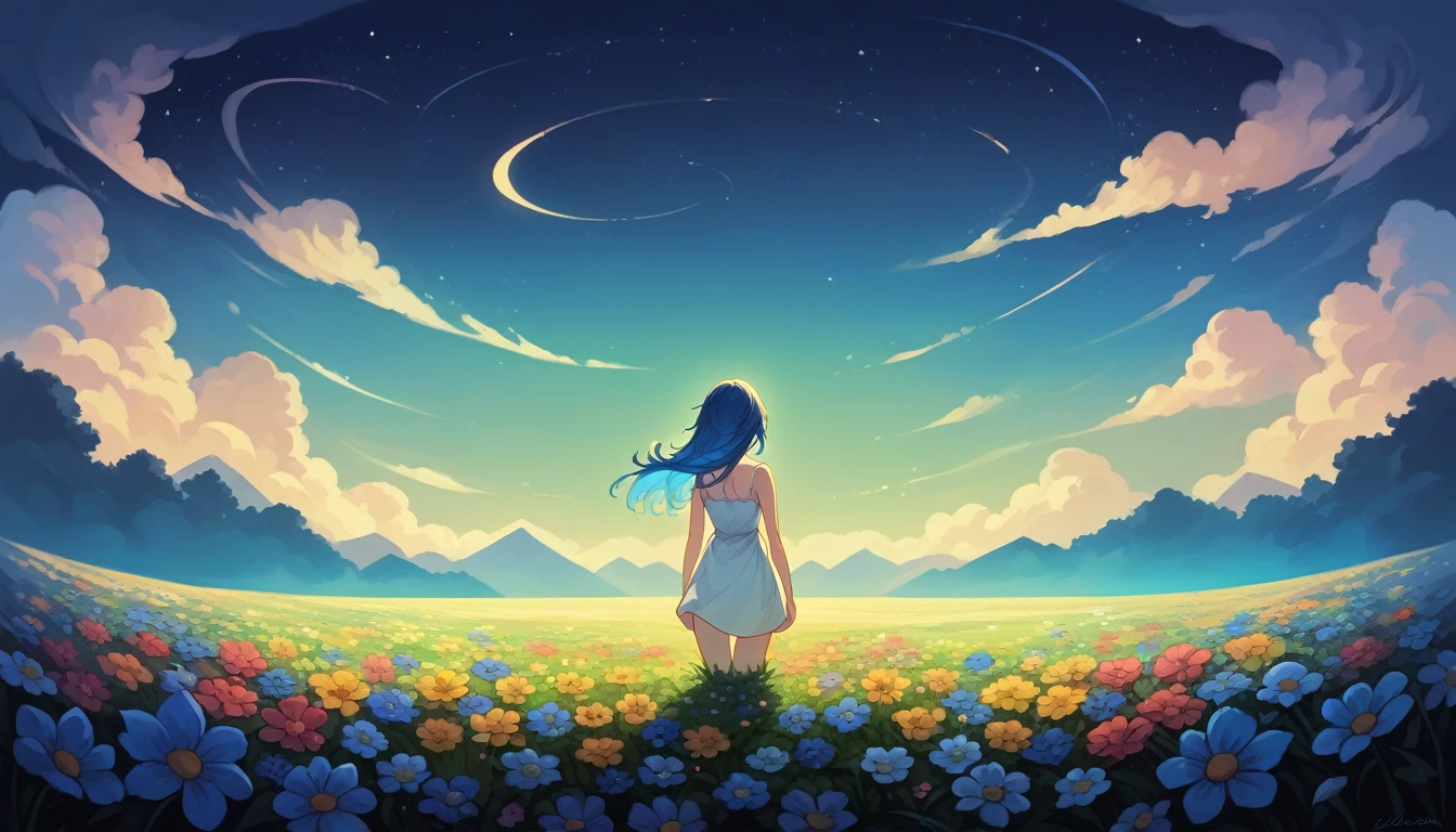 １people々々々々々々々々々々々々々々々,Blue long-haired woman， White camisole，silhouette， Rear View，Space Sky, Flower Field，Colorful flowers, night sky, semi-realistic artstyle