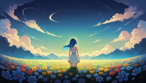 １people々々々々々々々々々々々々々々々,blue long-haired woman， white camisole，silhouette， rear view，space sky, flower field，colorful flowers, ni...