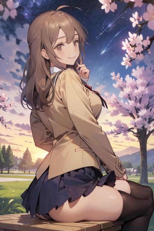 ：best quality, 1girl, solo, (maria mikhailovna kujou:1.2), __posture__, long hair, brown hair, hair ornament, ahoge, bangs, hair between eyes, brown eyes, school uniform, black thighhighs, thighhighs, zettai ryouiki, brown jacket, jacket, long sleeves, black skirt, skirt, shirt, brown footwear, loafers, middle breasts, breasts, cowboy shot, __looking__, __expression__, __background__. __posture__：standing\nstanding\n(contrapposto:1.1)\n(contrapposto:1.2)\n(sitting:1.1)\n(sitting:1.2)
__looking__：looking_at_viewer\nlooking_at_viewer\nlooking_at_viewer\nlooking_at_viewer\nlooking_back
__expression__：smile/nsmile/nsmile/nsmile, open_mouth/nsmile, closed_eyes/nopen_mouth/nshy/nlaughing/nangry/nevil/nlonely/ncrying
__background__：outdoors, starry sky, night sky, sunset\nnight, night sky, cloudy sky, meteor, planet, cloud, star (sky), (starry sky:1.2)\n(outdoors), day, blue sky, cloud, nature, tree\noutdoors, day, blue sky, cloud, water\noutdoors, day, grass\ncherry blossoms, tree, outdoors, shooting star, petals, cloud\noutdoors, city, cityscape, scenery, building