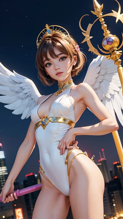 Card Captor Sakura, half naked, iconic costume with angel wings, He has his iconic star scepter in his hand.,very sexy little clothes, adult, very thin body, super sexy body, Small and beautiful buttocks, toned abdomen, I can see your big beautiful perfect breasts,beautiful legs, perfect hands, intelligent, resplendent power in his body, obscene, powerful, sensual, In the background is the Tokyo Tower in Japan., the big moon is seen in the background,sensual look, beautiful eyes,short hair, classic hairstyle,Hair dyed in bright brown color., Best Quality,8k,A high resolution,masterpiece,ultra detailed,realist, photorealistic,realistic photo