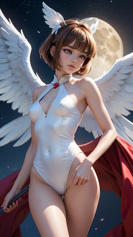 Card Captor Sakura, half naked, iconic costume with angel wings, He has his iconic star scepter in his hand.,very sexy little clothes, adult, very thin body, super sexy body, Small and beautiful buttocks, toned abdomen, I can see your big beautiful perfect breasts,beautiful legs, perfect hands, intelligent, resplendent power in his body, obscene, powerful, sensual, In the background is the Tokyo Tower in Japan., the big moon is seen in the background,sensual look, beautiful eyes,short hair, classic hairstyle,Hair dyed in bright brown color., Best Quality,8k,A high resolution,masterpiece,ultra detailed,realist, photorealistic,realistic photo