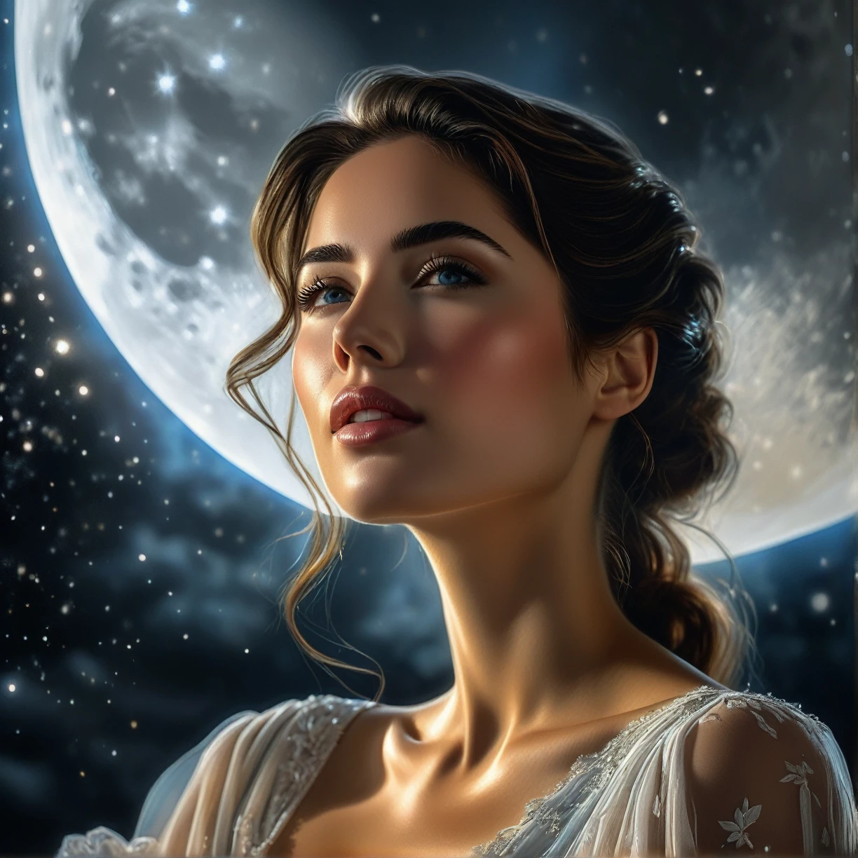 High quality HDR photo, 8k ultra-HD, hyper-realisitic portrait of a captivating woman, The woman is portrayed in a moonlit setting, your features bathed in a soft, diffuse glow that accentuates the delicate nuances of your expression. O artista, extracting from Sargent&#39;s precision, captures every subtle contour of your face, the meanders of your gaze, and the cascading strands of her hair, In this mysterious environment, O artista emprega o domínio de sombra e luz de Da Vinci, creating a seductive interaction that accentuates the enigmatic aura that surrounds the woman, Shadows dance on your features, highlighting the depth of the look and adding a touch of secrecy to the composition, By Yukisakura, highy detailed, xaile, trench coat, painting a map with iron weights, hair tied with (Farbe) Farbedas, Farbetina deFarbeada, black and white checkered floor, white linen cap . high-range dynamics, vivid, rich details details, Light shadows and highlights, realisitic, concentrated, enhanced contrast, highy detailed