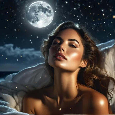 high quality hdr photo, 8k ultra-hd, hyper-realisitic portrait of a captivating woman, the woman is portrayed in a moonlit setti...