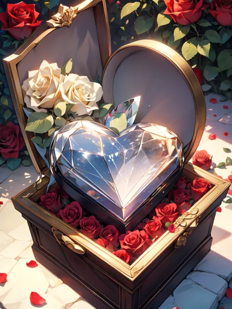 a glass heart lies in a crystal box strewn with roses and around the box lie rose petals