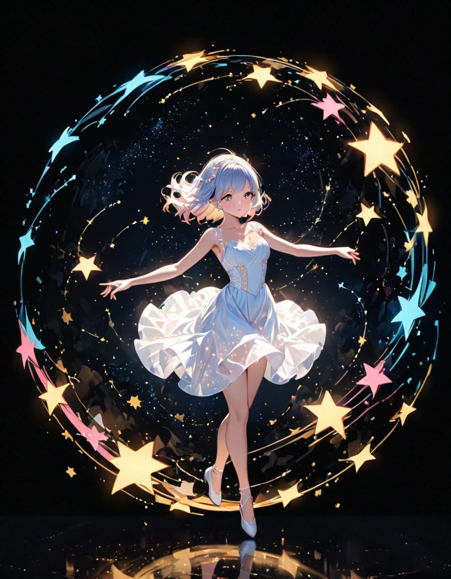 detailed textures, high quality, high resolution, high precision, realism, color correction, correct lighting settings, harmonious composition. A girl is dancing acrobatically in the starry sky, surrounded by constellations, on black background, white stars and lines forming constellations around her silhouette, light art installation style, high resolution, dreamy effect, fantastic scenery, minimalist design. --ar 3:4 --niji 6