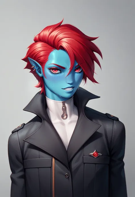 oc,na’vi, a alien blue skin skinny buff femboy man wearing black trench-coat with a red mark on the bust,red hair,thick, in an 9...