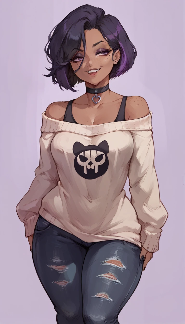 (solo) female , black short hair, woman, attractive, goth,  black jeans, choker, wearing an off-shoulder sweater , thicc, freckles, freckles on face, smug eyes, (happy expression), she is standing look to the viewer , violet background, simple background, thick thighs  (front view)  (dark skin)