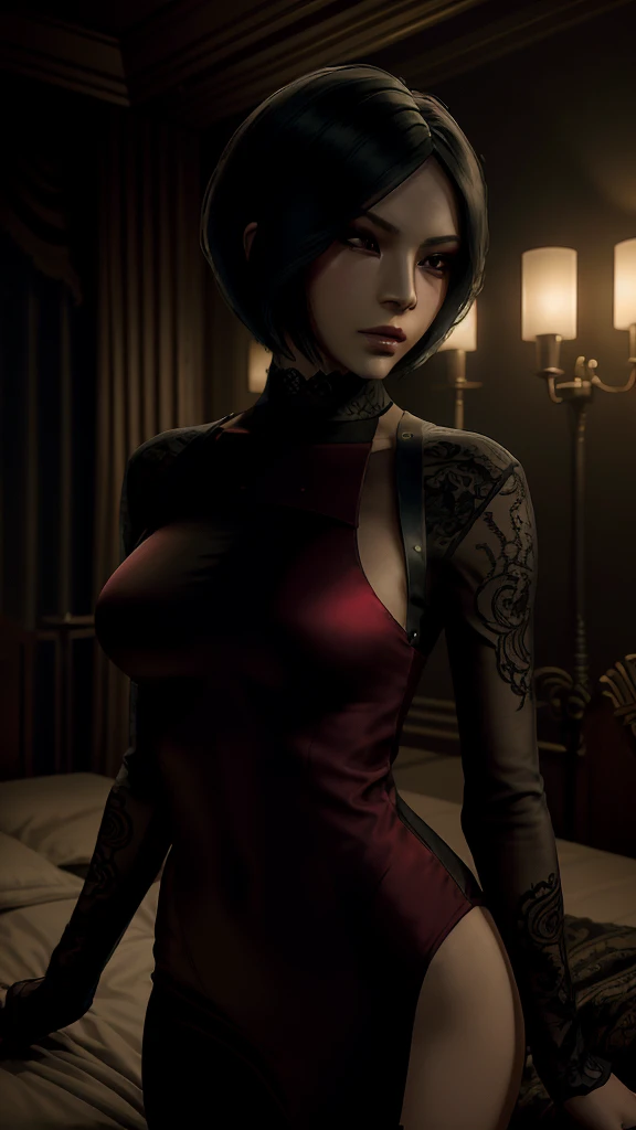 A mysterious and elegant woman with a sleek and athletic build stands confidently in a dimly lit room. She has short, dark hair styled in a chic bob, and her piercing eyes exude confidence and allure. She's wearing luxurious black lace lingerie with delicate red accents, the intricate details of the fabric enhancing her graceful figure. The background hints at a modern, shadowy environment, with subtle nods to espionage—perhaps a high-tech screen or the silhouette of city lights in the distance. The overall mood is one of sophistication, intrigue, and a touch of danger.