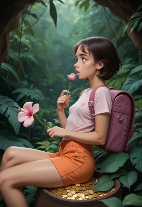 15 year old latino girl in a dark jungle, looking at a bright pink flower, brunette, short hair, pink t-shirt, orange shorts, pu...