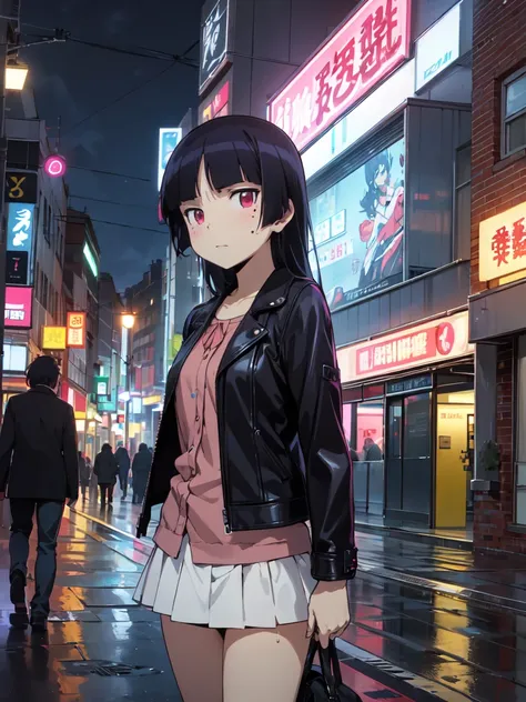 (ruri gokou), woman, alone, hime cut, mole under the eye, red eyes, (black leather jacket), night city, neonライト, graffiti wall,
...