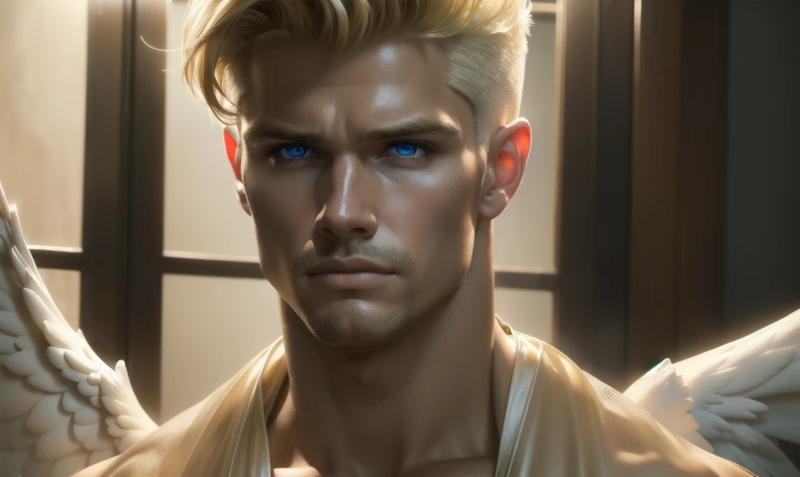 [((highly detailed, detailed eyes, detailed face, clear and realistic facial features, photorealistic, realistic light, cinematic)), (1 man), (((((Gorgeous perfect sexy powerful masculine male angel))))), ((powerful pose)), ((((short blond hair, eyes with white iris)))), ((35 years old)), ((wearing flattering angelic clothes)), (((aura of divine power))), standing in a cozy apartment at nighttime, ((light blush)), (((wearing a clearly indignant expression)))]