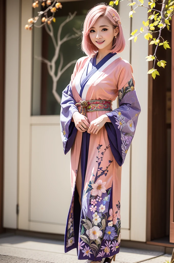 highly detailed and intricate background, full body shot, absurdist, high resolution, ultra detailed, 1 Japanese fashion model, Yae Miko, bright smile, pink hair, purple eyes, (floral branch:1.3), (Zentangle:1.2), (Geometric:1.2), colorful