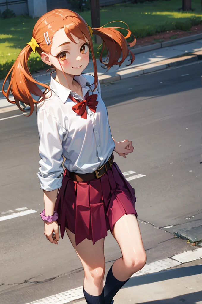 masterpiece, best quality, highres, 1girl,6yo,,,flat chest, anjou naruko, hairclip,, school uniform, sleeves rolled up, wrist scrunchie, belt, white shirt, red skirt, socks, twintails, standing, outdoors, smile,