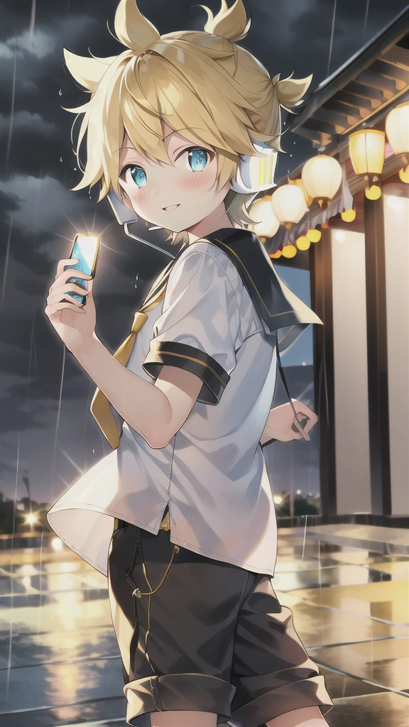 best quality, 10 year old boy, Kagamine Len, cute,, over small sailor uniform, shorts, necktie, earphone, parted lips, full blush, dancing in a rainy dark night, sweetly smiling to the viewer,